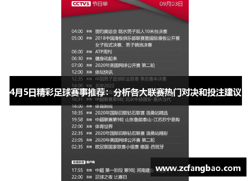 4月5日精彩足球赛事推荐：分析各大联赛热门对决和投注建议